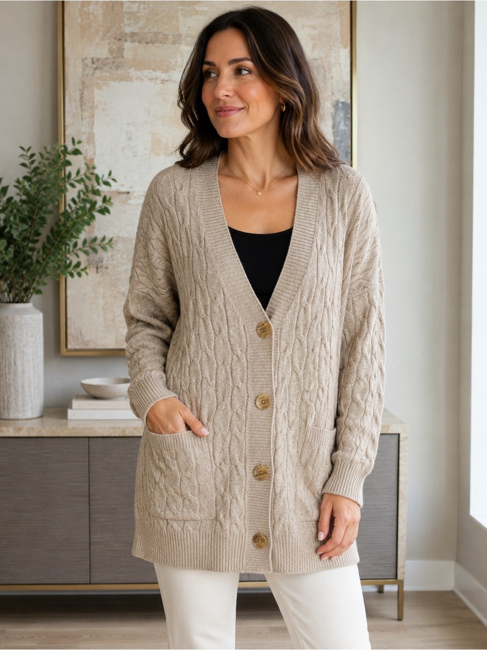 Bognar Blu Taupe Cable Knit Long Cardigan Made in Italy NWT